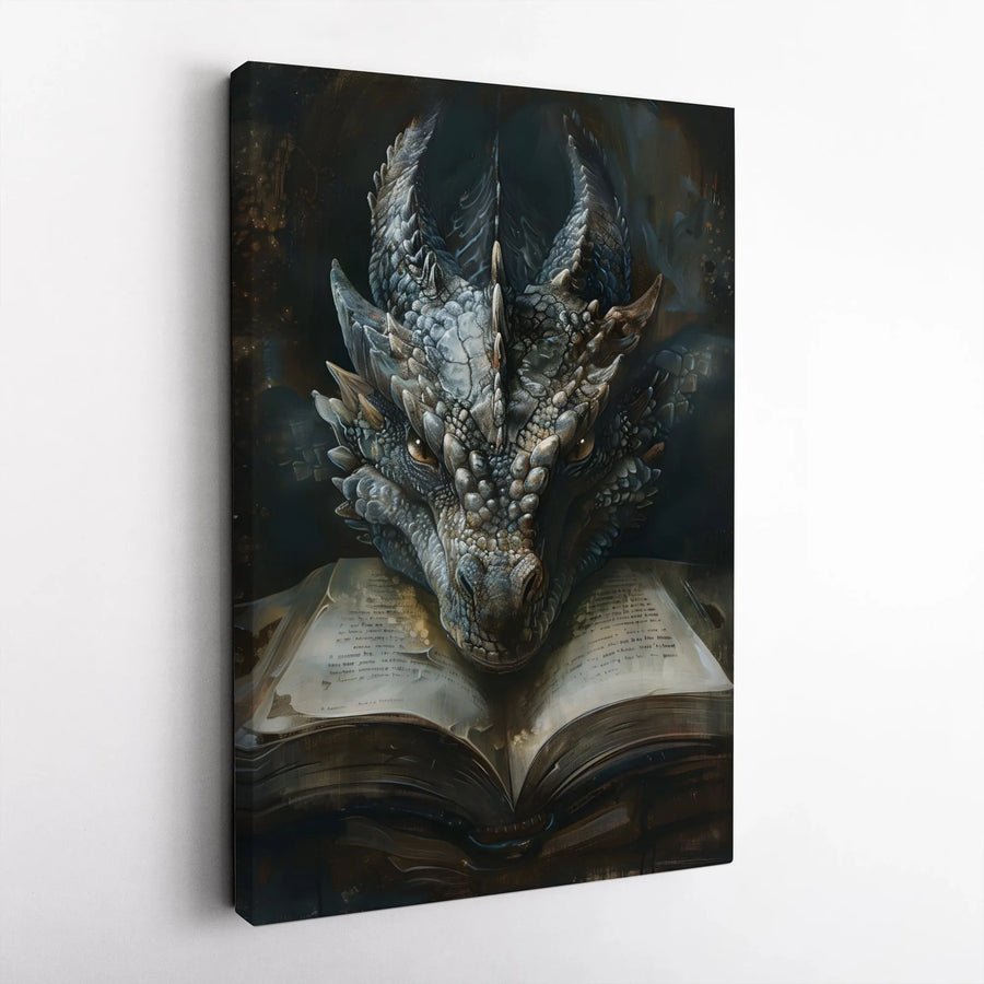 Ancient Dragon Reading Book Canvas | Mythical Beast Fantasy Wall Art | Premium Gallery Wrap Decor | Gift for Fantasy Readers and Nerds
