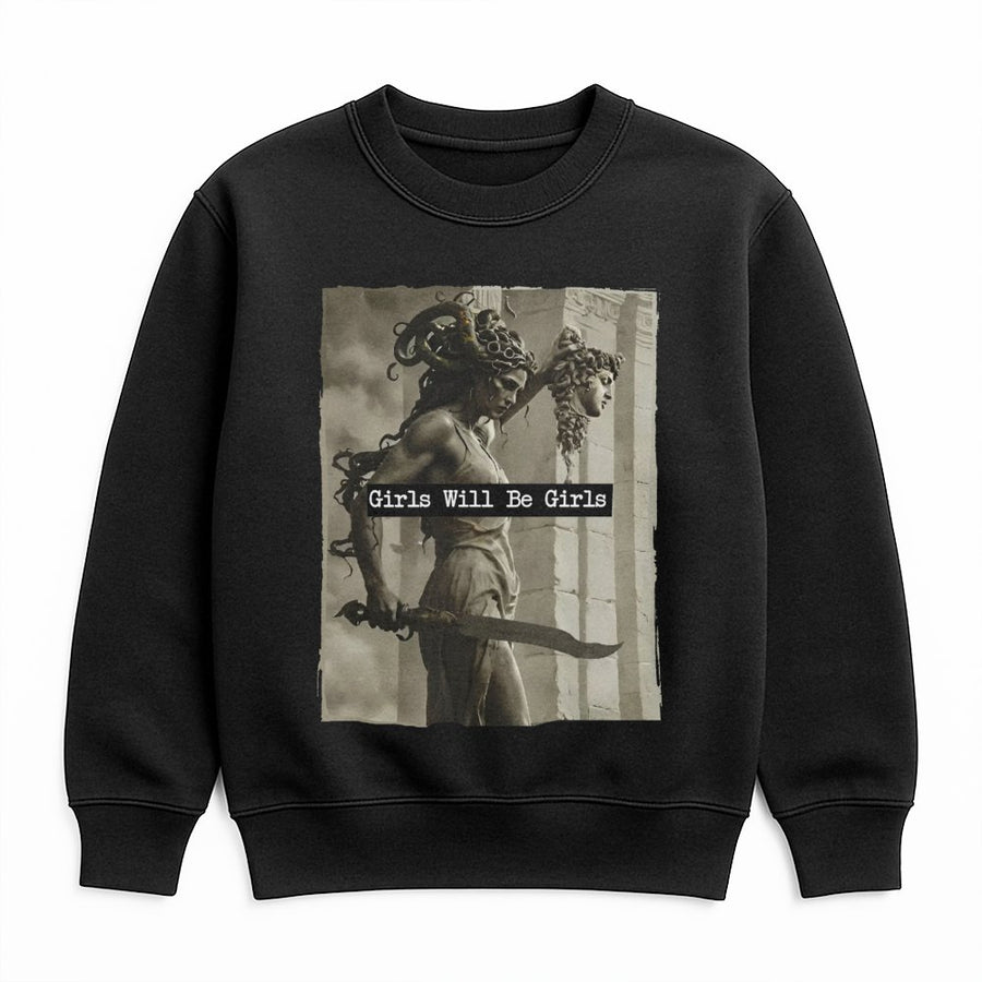 Medusa Sweatshirt | Girls Will Be Girls Feminist Graphic Tee | Premium Cotton Blend | Empowering Mythological Art Gift for Women