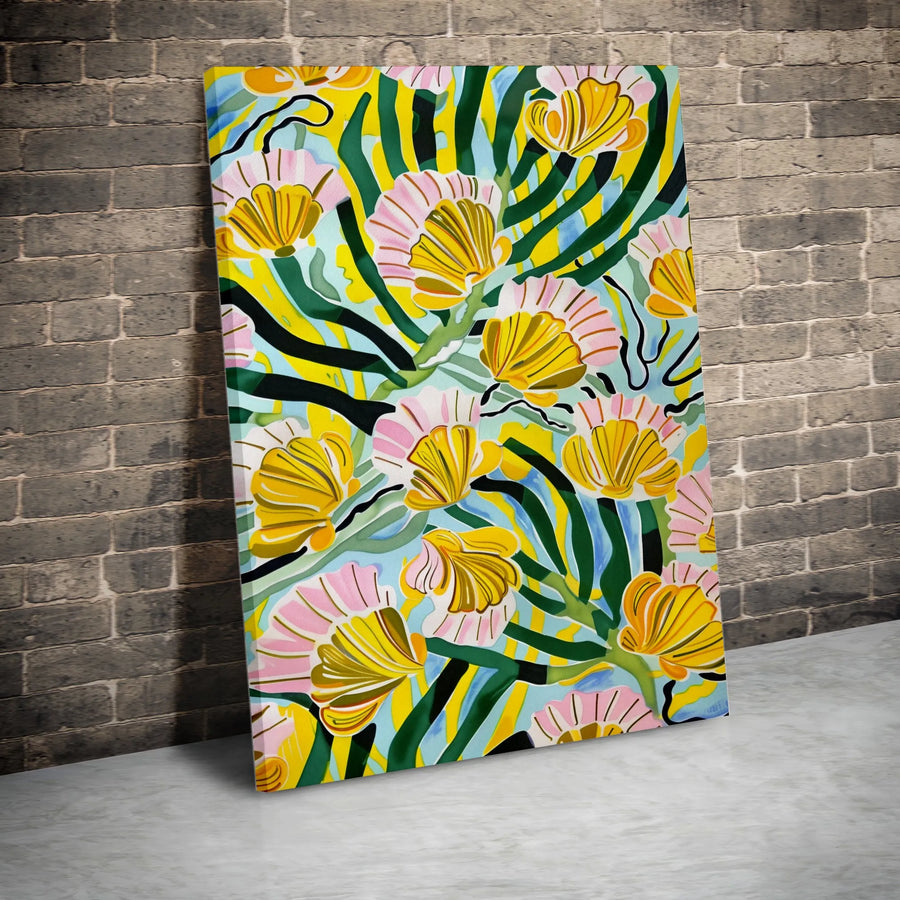 Abstract Floral Canvas Wall Art | Botanical Yellow and Pink Flower Painting | Gallery-Quality Premium Print | Modern Home Decor Gift