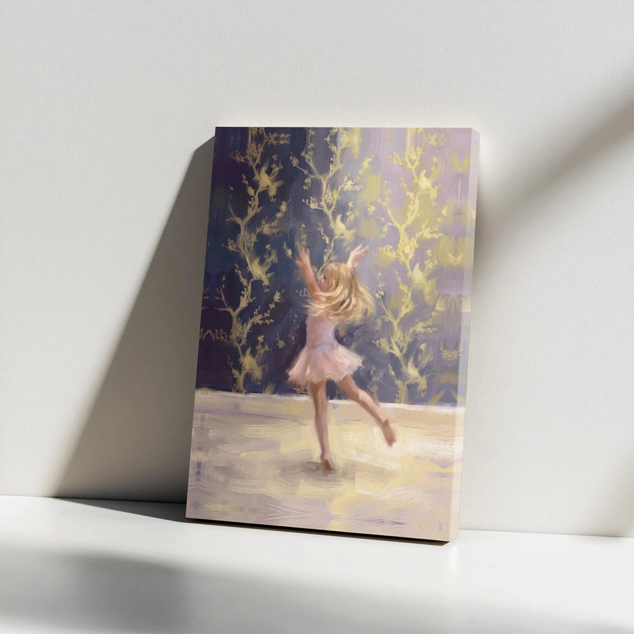 Impressionist Ballerina Canvas Print | Whimsical Dancing Girl with Golden Florals | Premium Gallery Wrapped Canvas | Nursery & Girl's Bedroom Wall Decor Gift