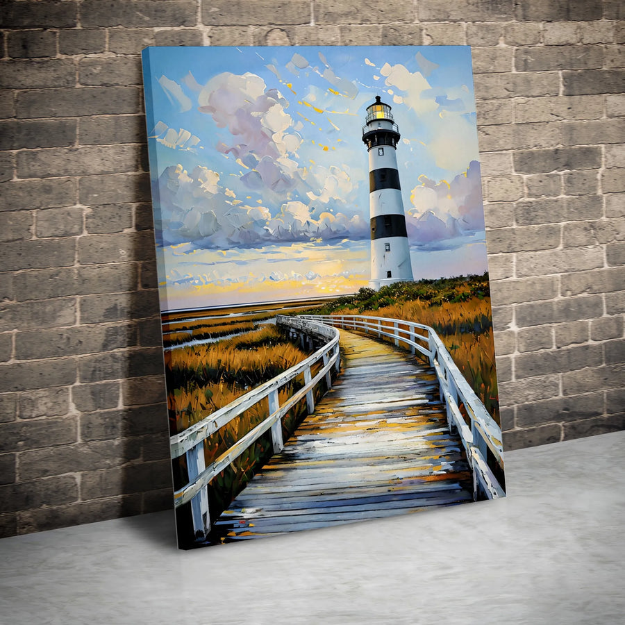 Lighthouse Painting Vertical Canvas | Impasto Style Coastal Seascape | Premium Frameless Wall Art | Nautical Beach House Decor Gift