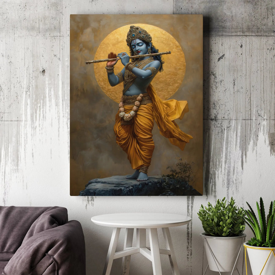 Lord Krishna Wall Art Canvas | Divine Flute Player Design | Premium Gallery-Wrapped Print | Spiritual Home Decor Gift for Devotees