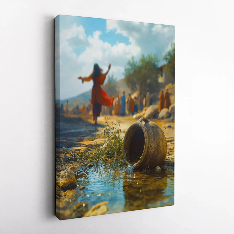 Living Water Canvas Wall Art | Biblical Miracle Scene with Spilling Jar | Premium Gallery Wrapped Canvas | Christian Home Decor Gift