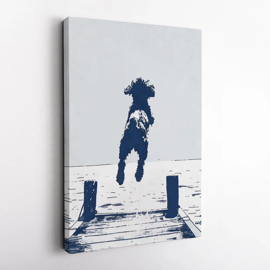 Jumping Doodle Canvas Print | Minimalist Dog Jumping Off Dock | Premium Thick Gallery Wrap Canvas | Modern Wall Art Gift for Dog Lover