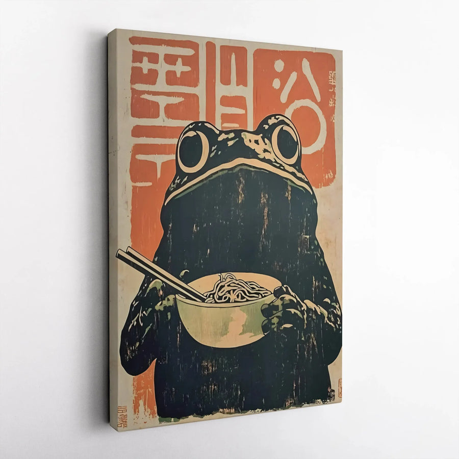 Japanese Ramen Frog Wall Art | Vintage Aesthetic Japanese Decor | Premium 1.25-Inch Gallery Wrapped Canvas | Quirky Kitchen & Dining Gift