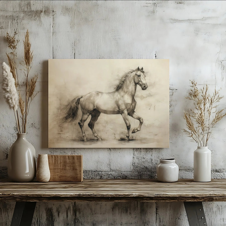 Vintage Horse Sketch Canvas Wall Art | Classical Equine Drawing Print | Premium Gallery Wrapped Canvas | Farmhouse Wall Decor Gift for Horse Lover