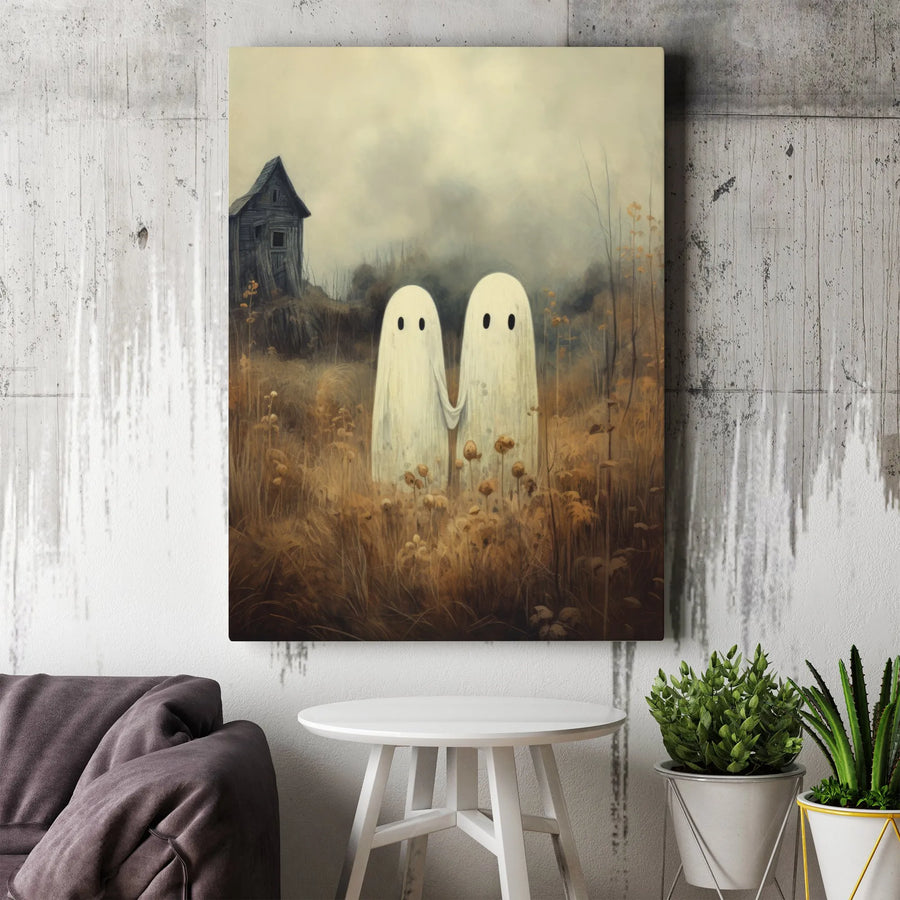 Ghost Holding Hands Wall Art | Spooky Haunted House Landscape | Premium Gallery Canvas | Whimsical Halloween Home Decor Gift