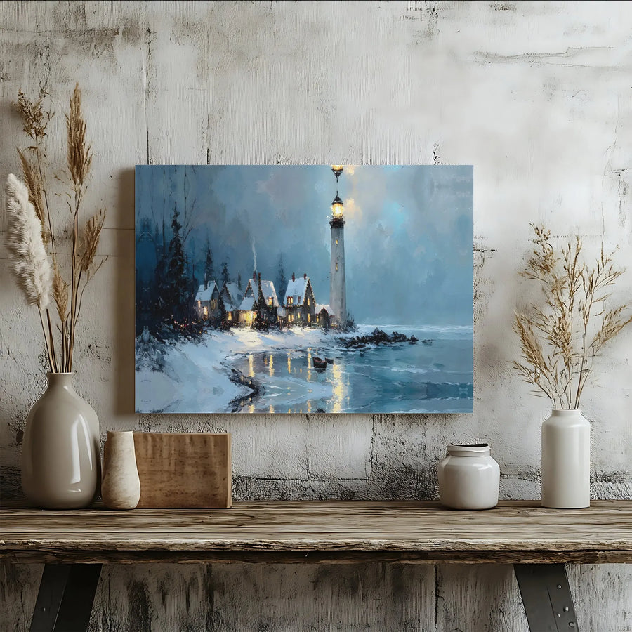 Winter Lighthouse Canvas Art | Snowy Coastal Village Night Scene | Premium Gallery Wrap Wall Decor | Festive Holiday Home Gift