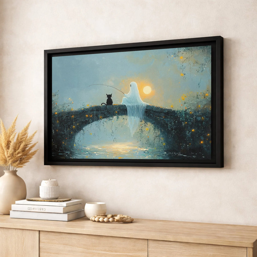 Ghost Fishing with Black Cat Canvas Wall Art | Whimsical Spooky Bridge Illustration | Premium Gallery Wrapped Print | Unique Home Decor Gift