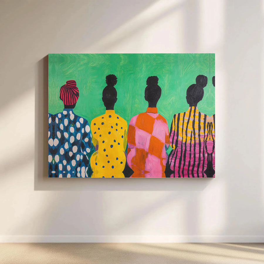 Abstract Black Women Canvas Wall Art | Colorful Patterned Dresses Gallery Wrap | Premium Fade-Resistant Print | Modern Home & Office Decor Gift