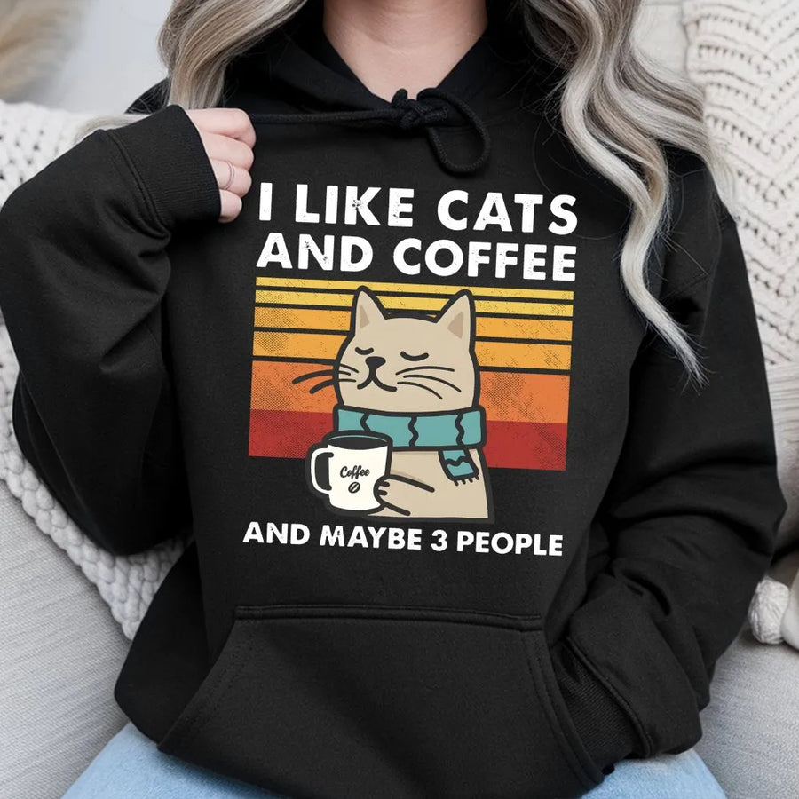 I Like Cats And Coffee And Maybe 3 People Hoodie | Retro Sunset Cat Lover Design | Premium Cotton Blend | Funny Introvert Gift For Her