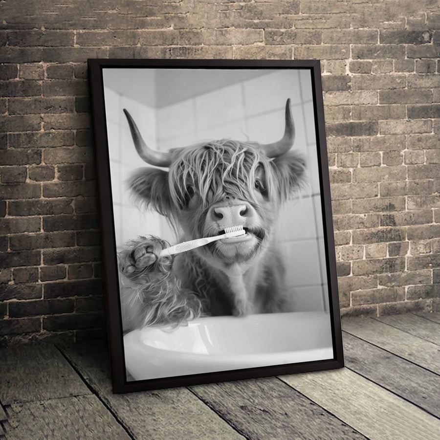 Funny Highland Cow Bathroom Wall Art | Brushing Teeth Portrait | Premium 1.25" Gallery Canvas | Farmhouse Decor Gift for Animal Lovers