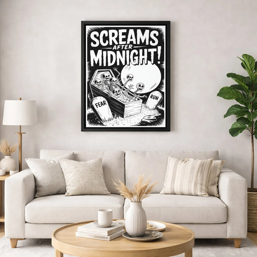 Screams After Midnight Gothic Wall Art | Creepy Coffin Skeleton Illustration | Premium Gallery Wrapped Canvas | Halloween Home Decor Gift