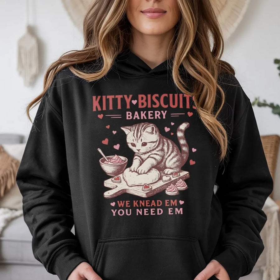 Kitty Biscuits Bakery Hoodie | Cute Baking Kitten Graphic Design | Premium Cotton-Polyester Blend | Funny Cat Lover Gift for Women and Men