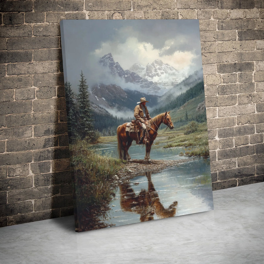 Western Cowboy Canvas Print | Mountain River Landscape Art | Gallery Wrapped Premium Wall Decor | Rustic Lodge Gift for Men