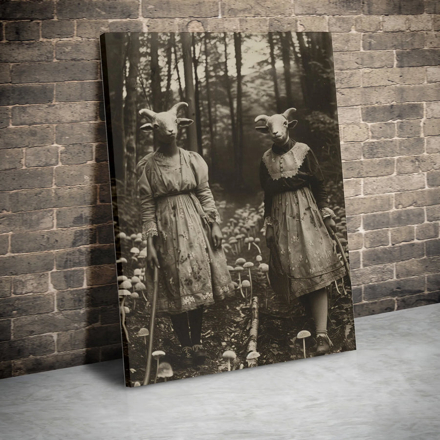Surreal Goat Head Women Canvas | Vintage Forest Mushroom Photography | Gallery-Quality 1.25-Inch Profile | Dark Academia Gothic Wall Art