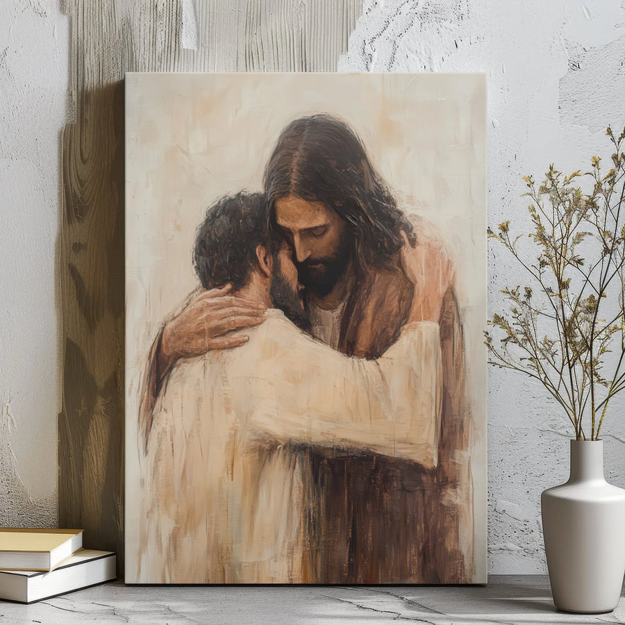Jesus Embracing A Man Canvas Print | Christian Wall Art | 1.25" Gallery Wrap | Religious Home Decor Gift for Believers