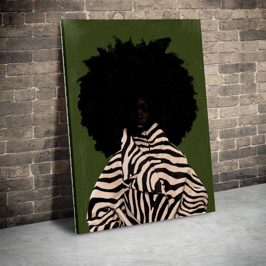 Black Woman Art Canvas Print | Modern Afro Portrait in Zebra Jacket | Premium Gallery Wrapped Canvas | Contemporary Home Decor Gift