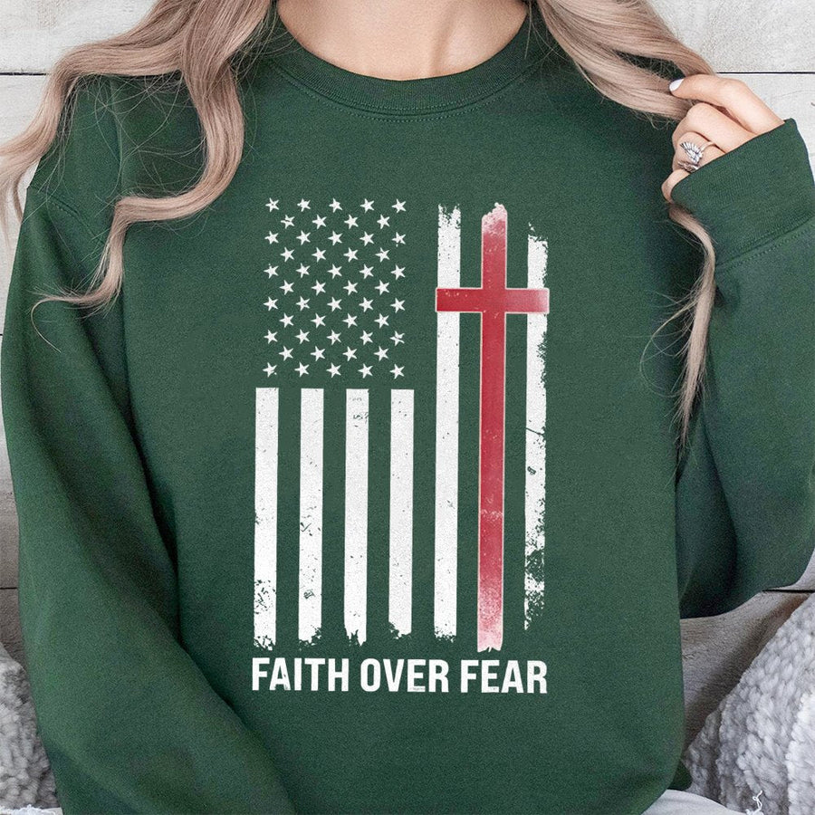 Faith Over Fear American Flag Sweatshirt | Christian Patriotic Cross Graphic | Premium Cotton Blend | Gift for Believers and Patriots