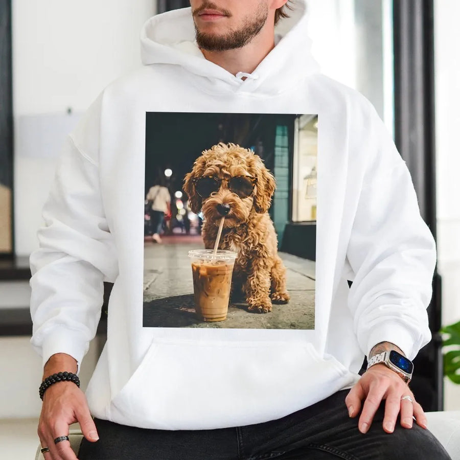 Cute Doodle Dog Hoodie | Puppy with Sunglasses Drinking Iced Coffee | Premium Cotton Blend Sweatshirt | Gift for Goldendoodle Mom Dad