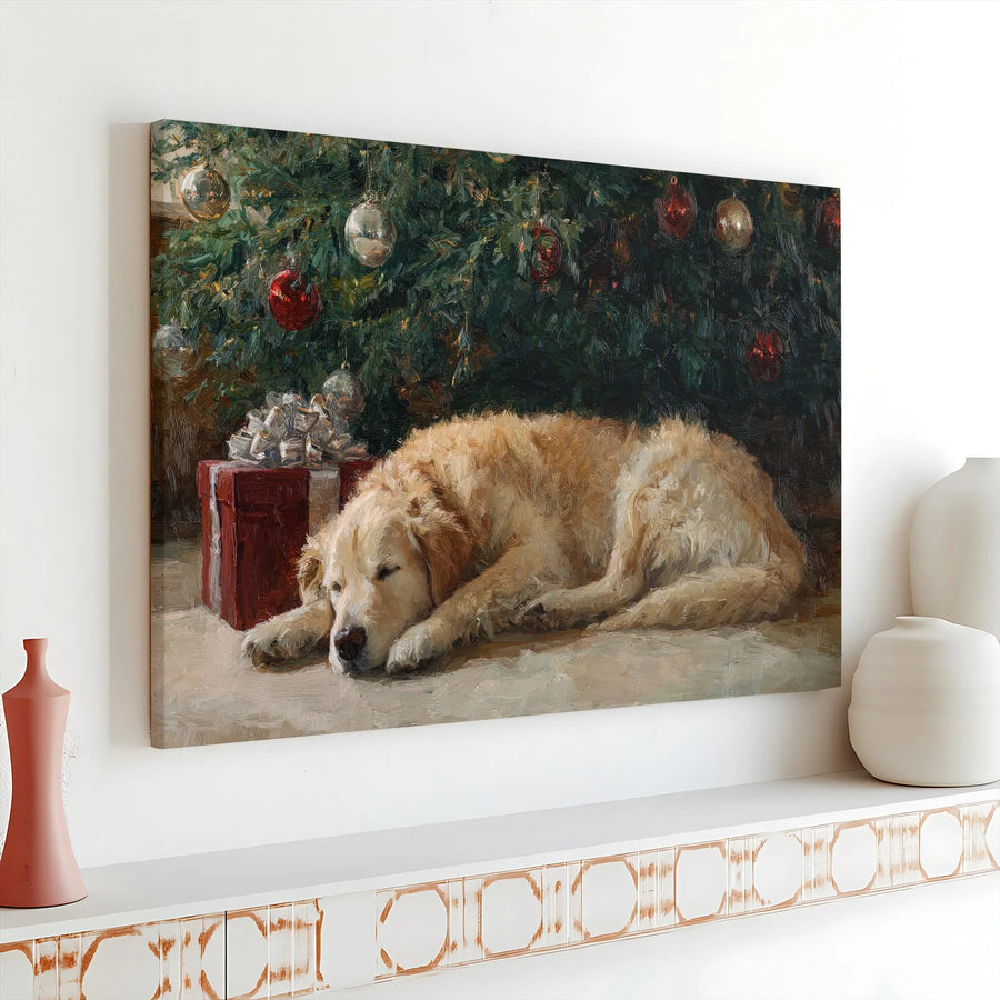 Sleeping Golden Retriever Canvas Art | Christmas Tree Oil Painting Style | 1.25-Inch Gallery Wrap | Cozy Dog Lover Holiday Home Decor Gift
