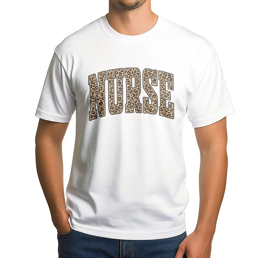 Leopard Print Nurse T-Shirt | Collegiate Varsity Lettering | Premium Crewneck | Gift for RN, Registered Nurse, or Nursing School Student