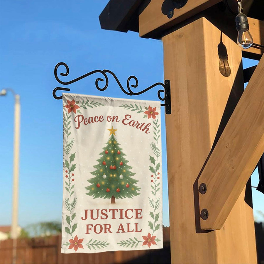 Peace On Earth Justice For All Garden Flag | Christmas Tree & Poinsettia Floral Design | Weather-Resistant Polyester | Holiday Yard Decor Gift