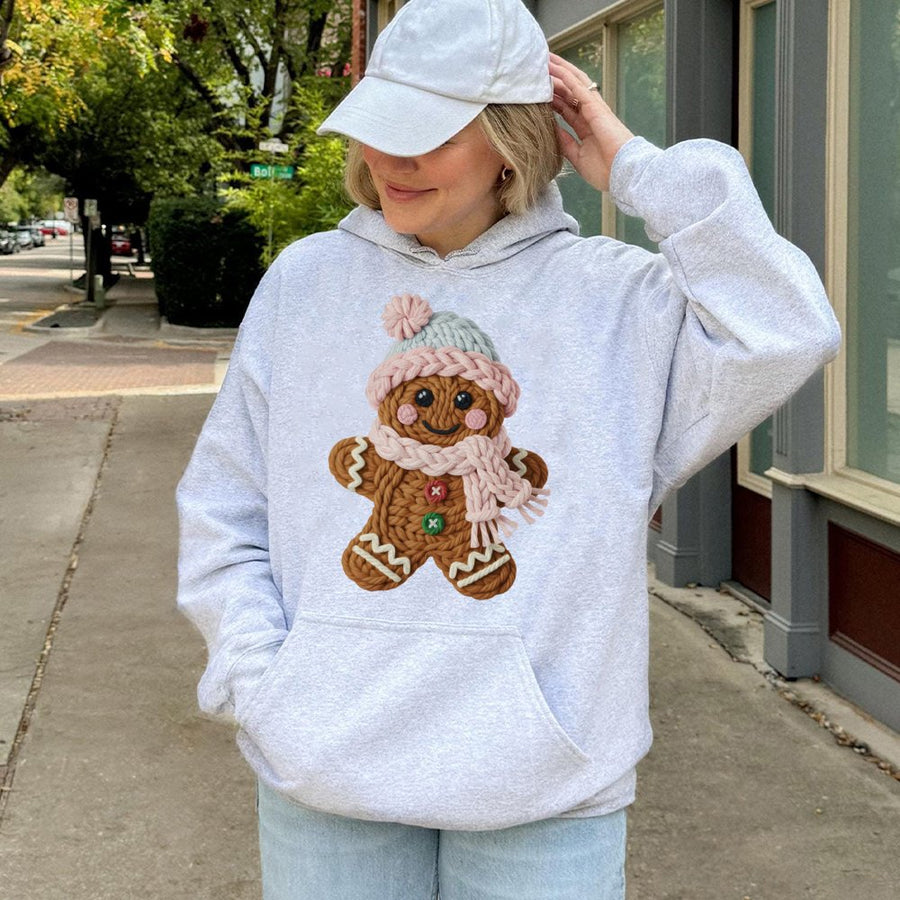 Cute Gingerbread Man Hoodie | Knitted Yarn Texture Graphic | Premium Cotton-Blend Pullover | Cozy Christmas Gift for Women and Men
