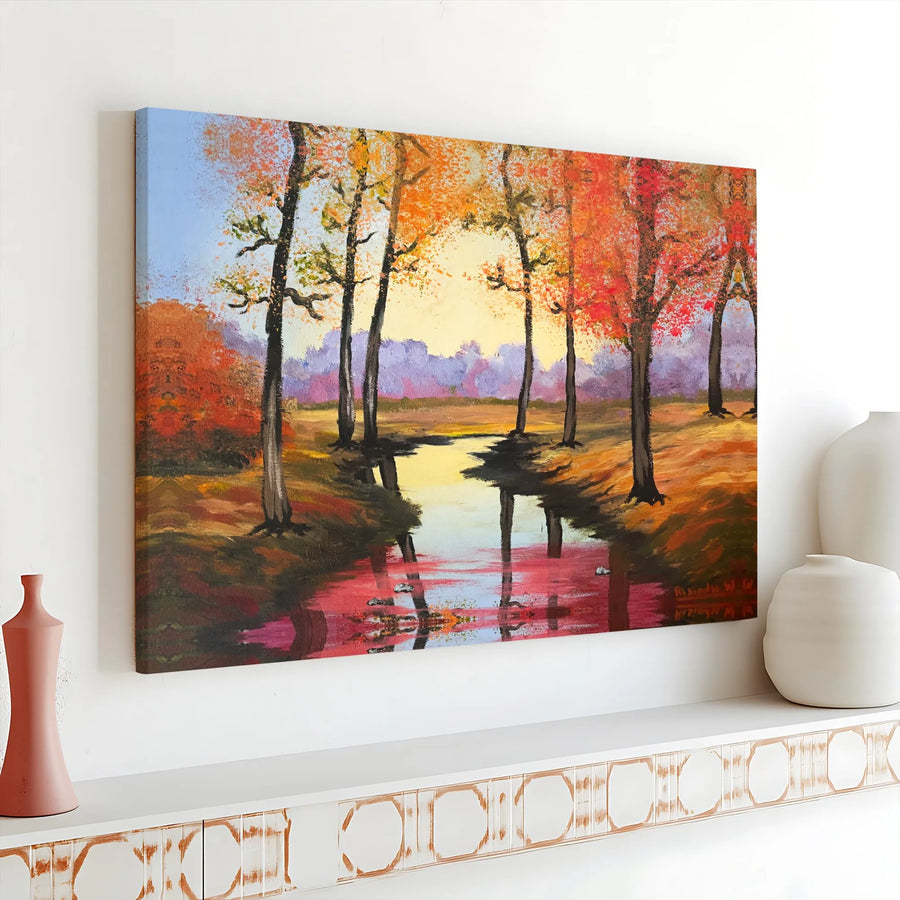 Autumn Forest Canvas Wall Art | Vibrant Fall Foliage River Reflection | Premium Gallery Wrapped Decor | Nature Lover Gift for Home Office