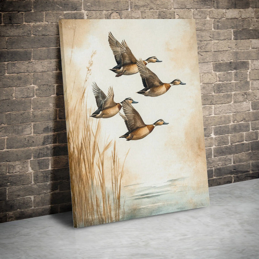 Flying Ducks Canvas Print | Rustic Marsh Landscape Art | Gallery Quality Framed Wall Decor | Nature Gift for Hunters and Outdoorsmen