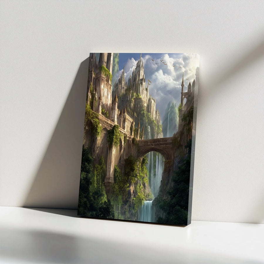 Fantasy Castle Canvas Wall Art | Mountain Citadel with Waterfalls | Premium Fade-Resistant Print | Gift for Fantasy Reader & Gamer