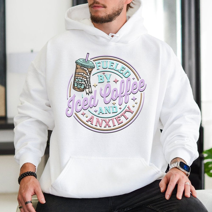 Fueled By Iced Coffee And Anxiety Hoodie | Skeleton Hand Coffee Lover Graphic | Premium Cotton Blend Sweatshirt | Funny Caffeine Addict Gift For Her