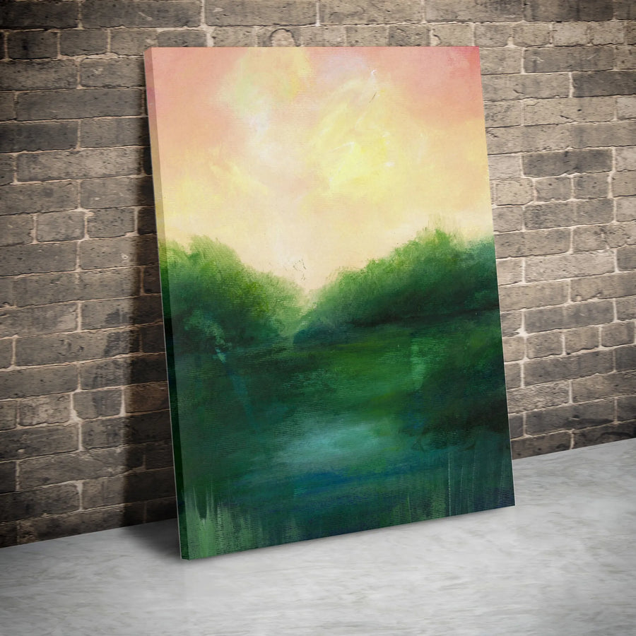 Abstract Forest Vertical Canvas | Serene River Landscape Painting | Premium Thick Gallery Wrap | Modern Living Room Decor Gift