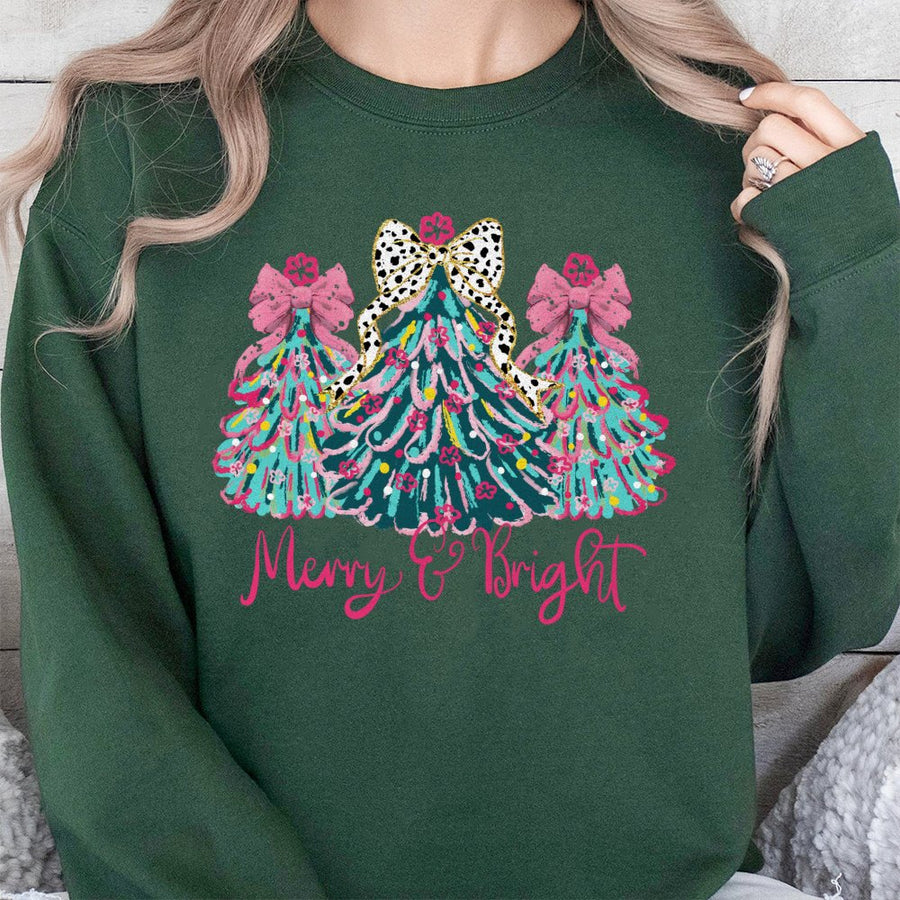 Merry and Bright Sweatshirt | Coquette Christmas Tree Bow Graphic | Soft Cotton Blend Unisex Pullover | Preppy Holiday Gift for Her