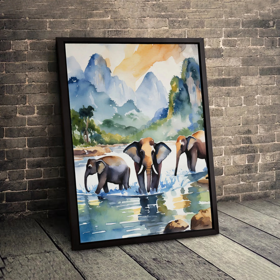 Watercolor Elephant Canvas Wall Art | Mountain River Landscape Painting | Gallery Wrapped Premium Print | Wildlife Home Decor Gift for Animal Lovers