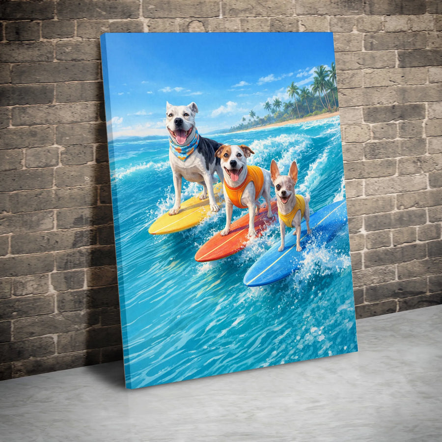 Surfing Dogs Canvas Wall Art | Funny Tropical Beach Scene Print | Premium Gallery Wrap Canvas | Gift for Dog Lover, Coastal Home Decor