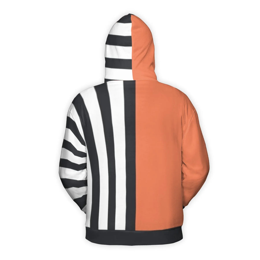 Orange and Black Striped Hoodie | Geometric Split Design | Soft Polyester Brushed Fleece | Unisex Modern Casual Streetwear Gift