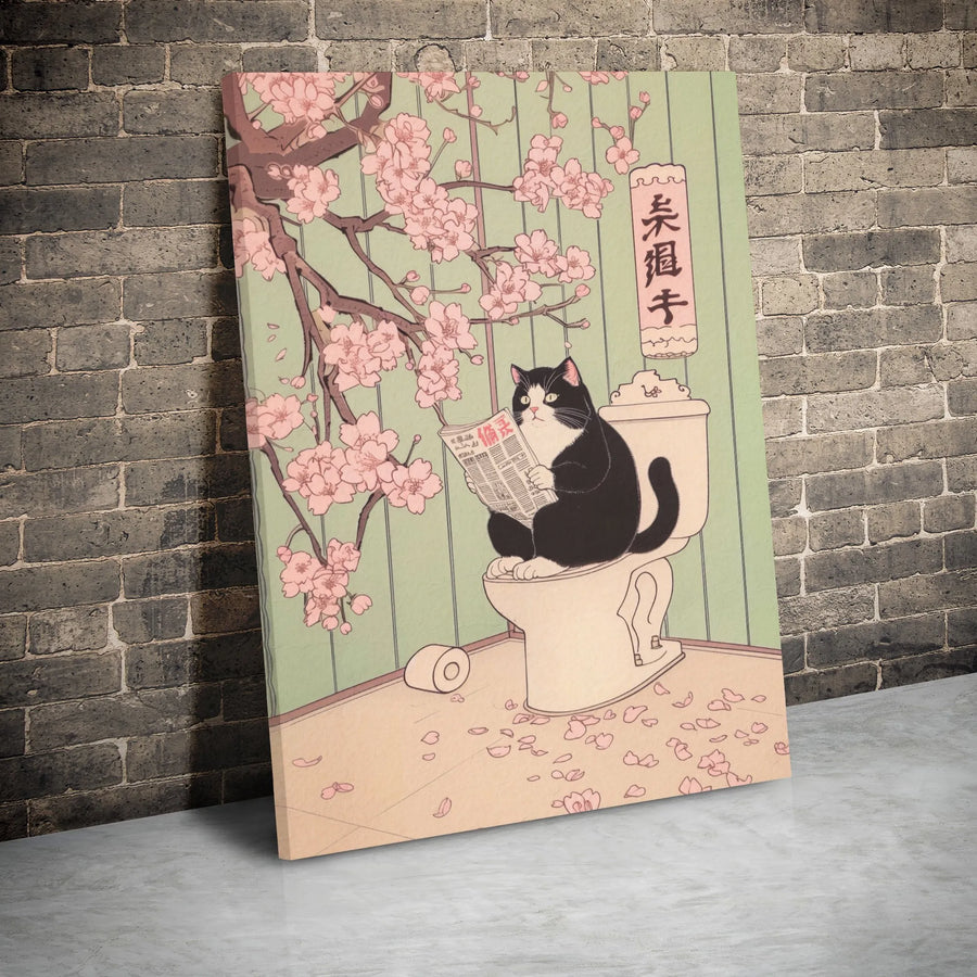 Japanese Ukiyo-E Cat Wall Art | Funny Toilet Bathroom Decor | Premium Gallery Wrap Canvas | Unique Gift for Cat Lovers & Home Office Decor