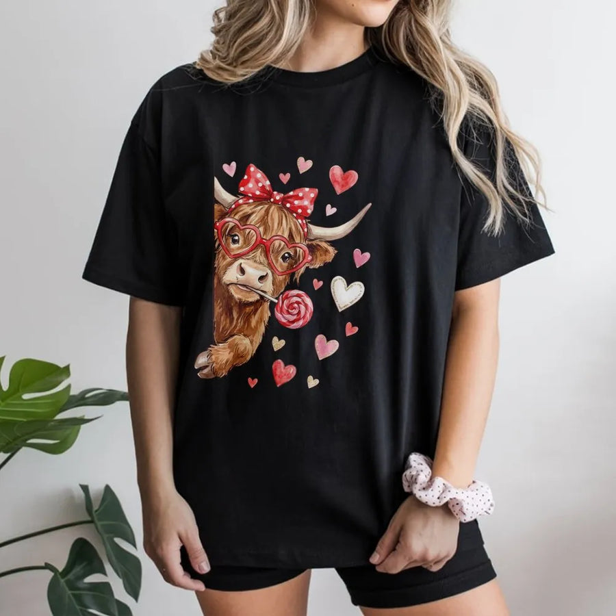 Highland Cow Valentine T-Shirt | Cute Coquette Heart Glasses Design | Premium Soft Cotton Tee | Romantic Gift for Her & Cow Lovers