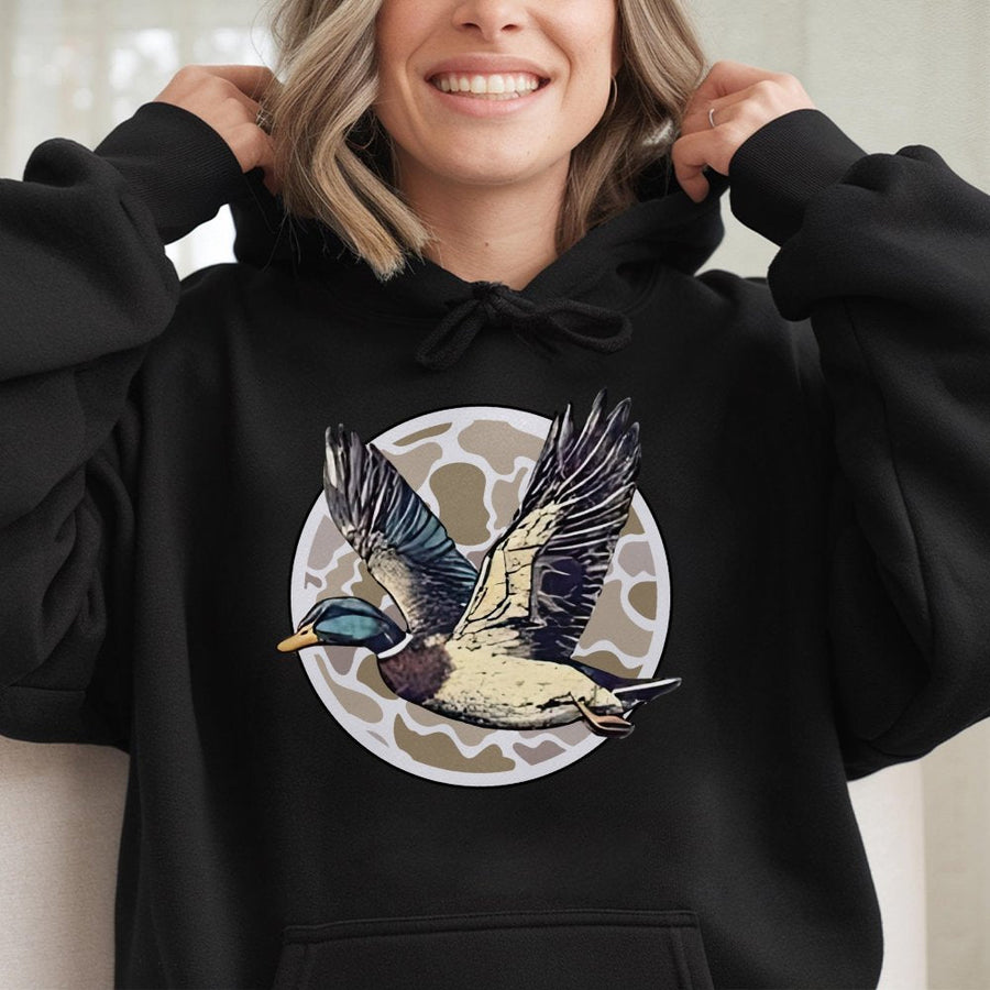 Mallard Duck Hoodie | Flying Waterfowl Wildlife Graphic | Cotton-Poly Premium Blend | Nature Lover Gift for Bird Hunters and Outdoorsmen