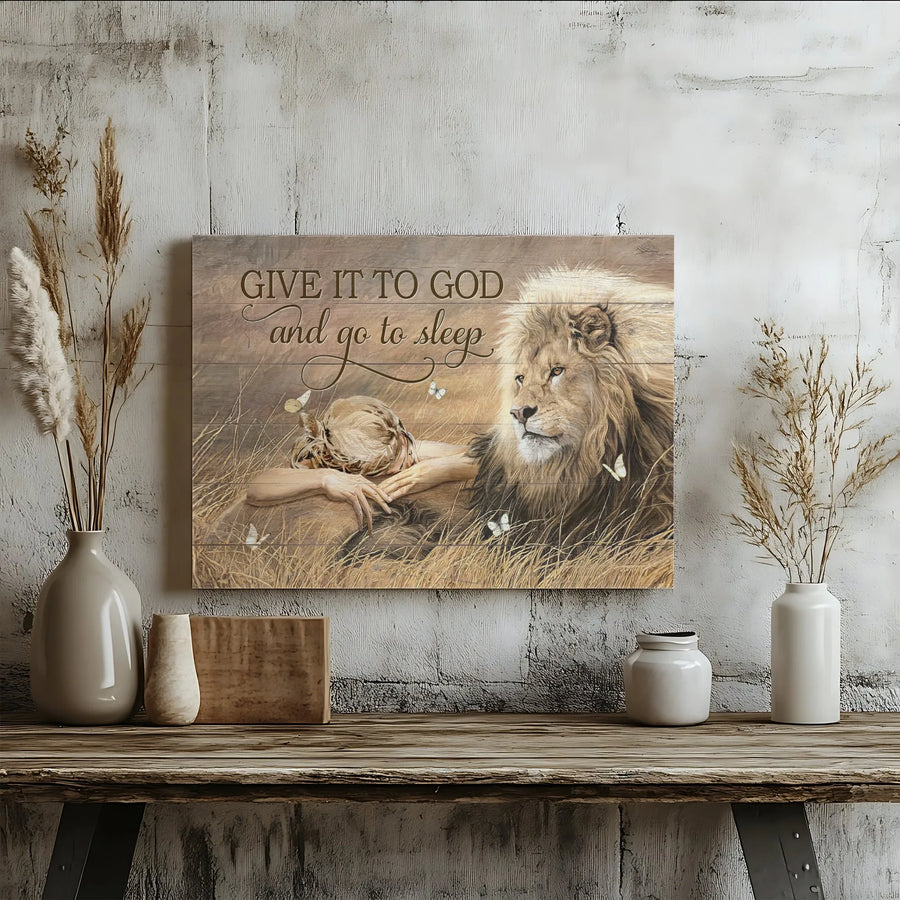 Give It To God And Go To Sleep Canvas | Christian Lion Wall Art | Premium Fade-Resistant Print | Spiritual Home Decor Gift