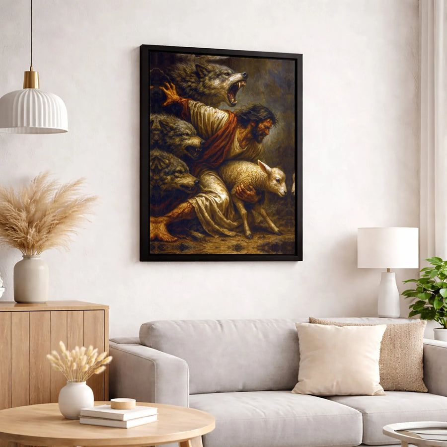 Jesus Protecting Lamb Canvas Print | The Good Shepherd Fighting Wolves Art | Premium Gallery Wrapped Wall Decor | Religious Home Gift