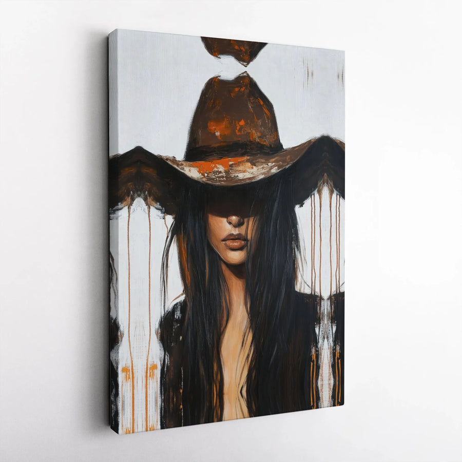 Abstract Cowgirl Canvas Wall Art | Mysterious Western Woman Portrait | Premium Gallery Quality Print | Modern Farmhouse Living Room Decor Gift