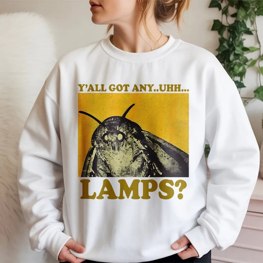 Moth Lamp Meme Sweatshirt | Y'all Got Any Lamps Funny Insect Graphic | Premium Cotton Blend Crewneck | Unisex Internet Culture Gift For Gamers
