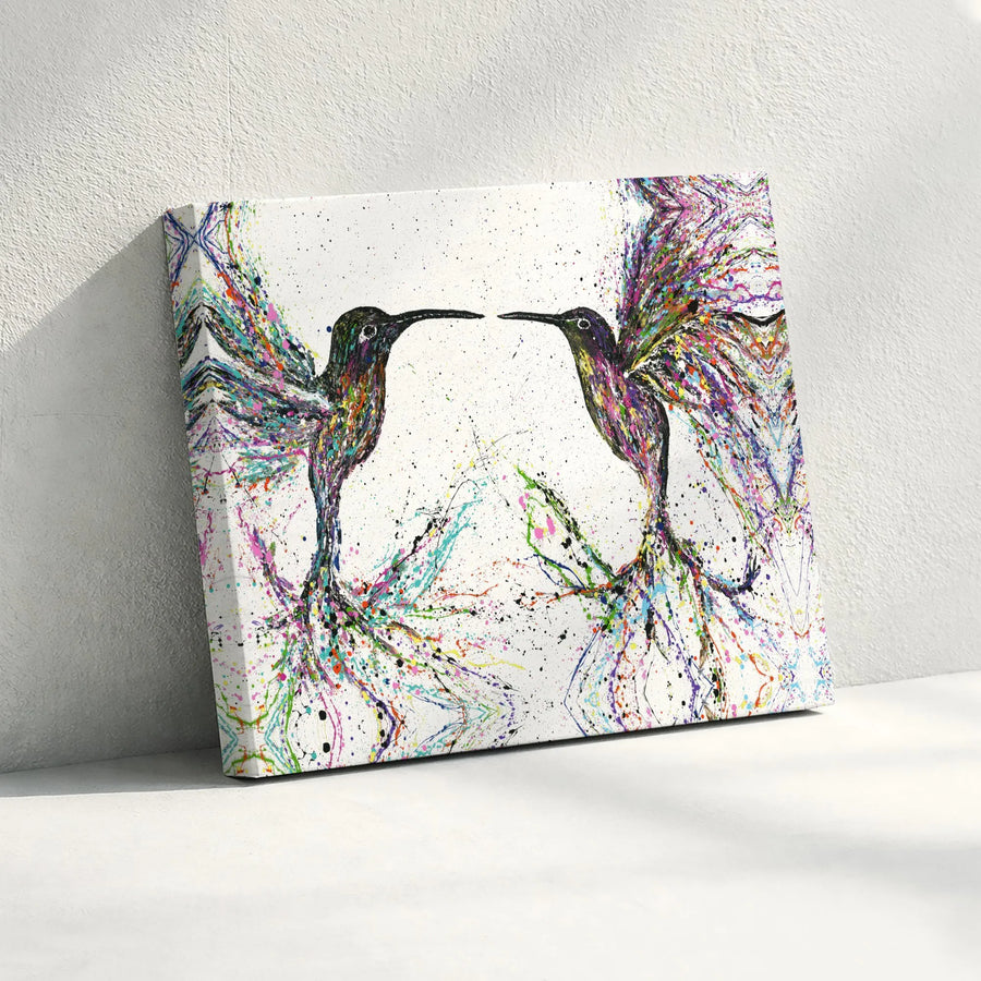 Abstract Hummingbirds Horizontal Canvas | Colorful Paint Splatter Bird Art | 1.25 Inch Gallery Wrap Premium Canvas | Living Room Wall Decor, Nature Lover Gift