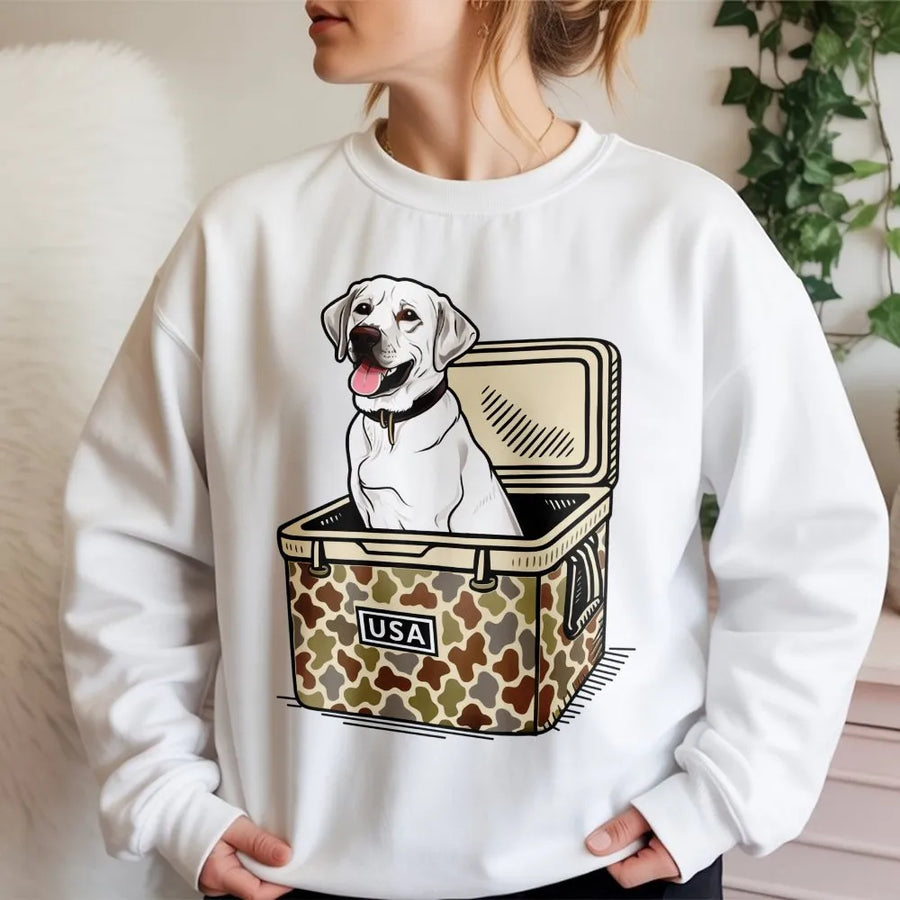 White Labrador Sweatshirt | Camo Cooler USA Hunting Dog Graphic | Premium Cotton Blend | Gift for Dog Mom Dad Outdoorsmen
