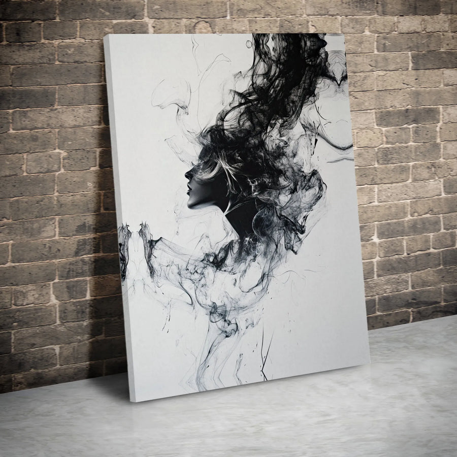 Abstract Woman Canvas Wall Art | Black and White Surreal Smoke Portrait | Premium Thick Gallery Wrap | Modern Minimalist Home Decor Gift