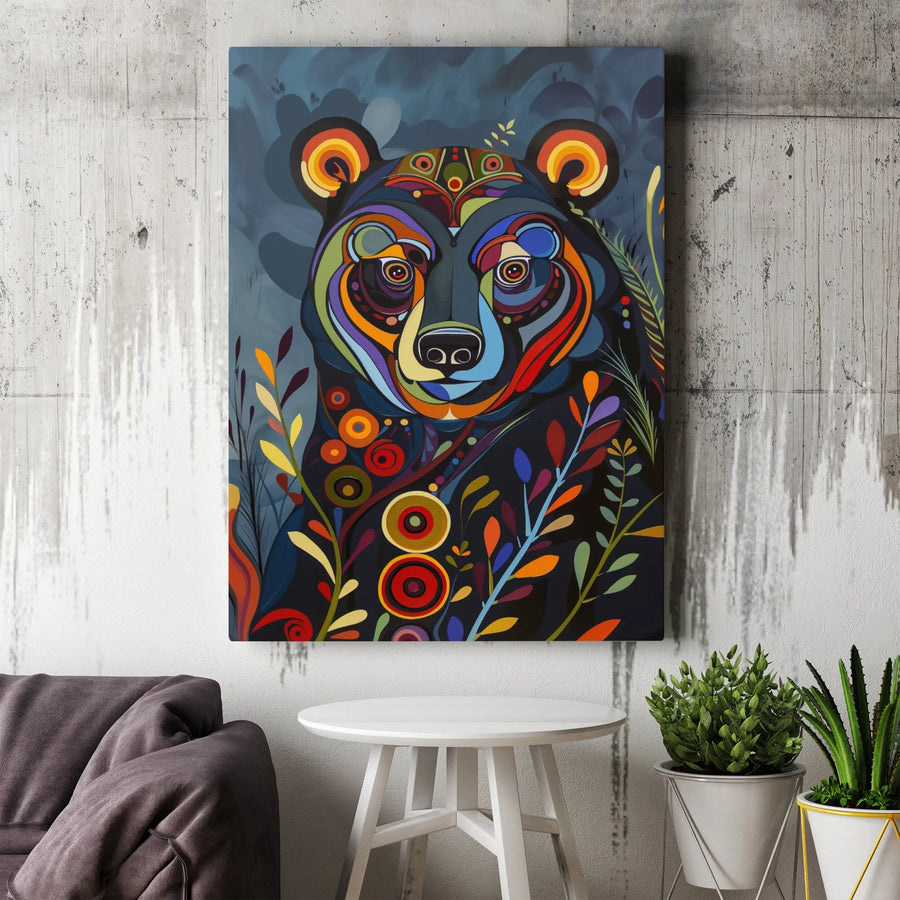 Abstract Bear Wall Art Canvas | Colorful Folk Art Animal Portrait | Premium Gallery Wrap Decor | Wildlife Home Office Gift