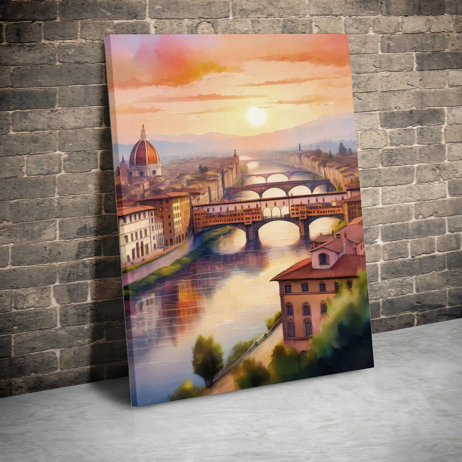 Florence Italy Vertical Canvas | Watercolor Ponte Vecchio Sunset Print | Premium Gallery Style Wall Art | Gift for Traveler & Italian Home Decor