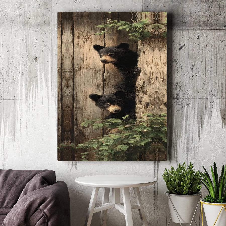 Black Bear Cubs Canvas Print | Rustic Forest Wildlife Photography | Premium Gallery Wrapped Wall Art | Cabin Lodge & Nursery Decor Gift